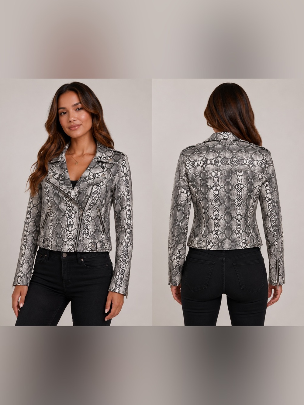 Fate Snake-Print Faux Leather Moto Jacket - Black & Gray